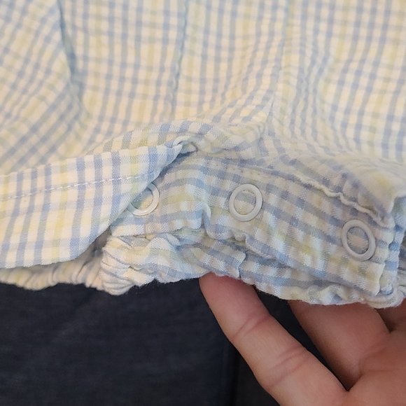 Yellow white and blue seersucker romper with attached vest - Picture 3 of 5